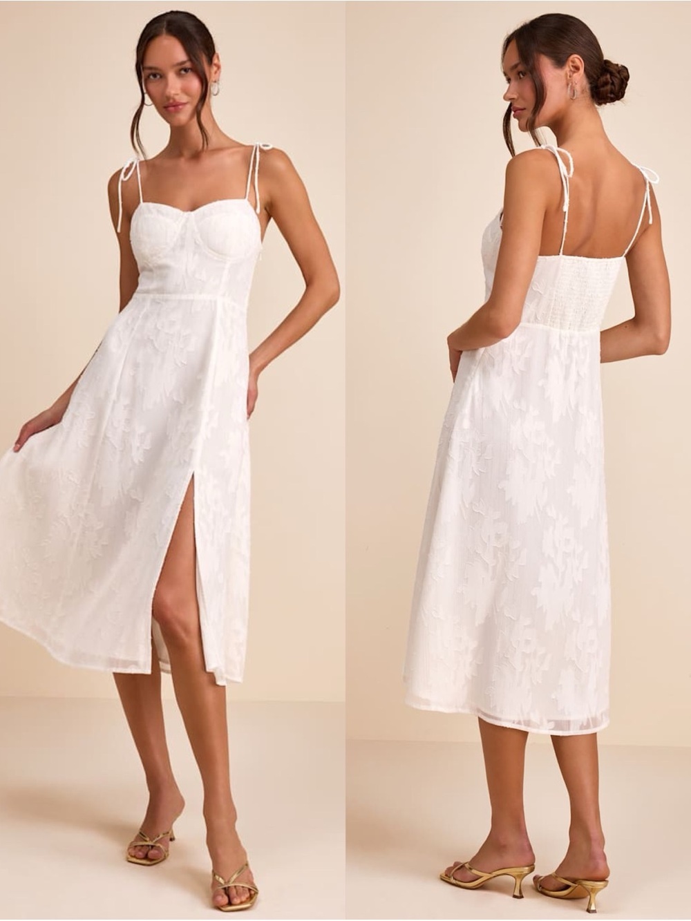 LULU’S Loveliest Looks White Floral Jacquard Tie-Strap Midi Dress